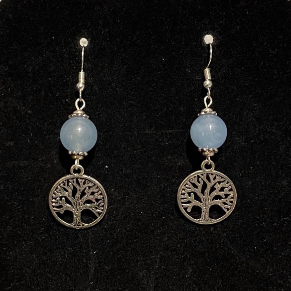 Silver Tree Of Life Carved Out With Light Blue Beaded Tiered Earrings - Picture 1 of 4